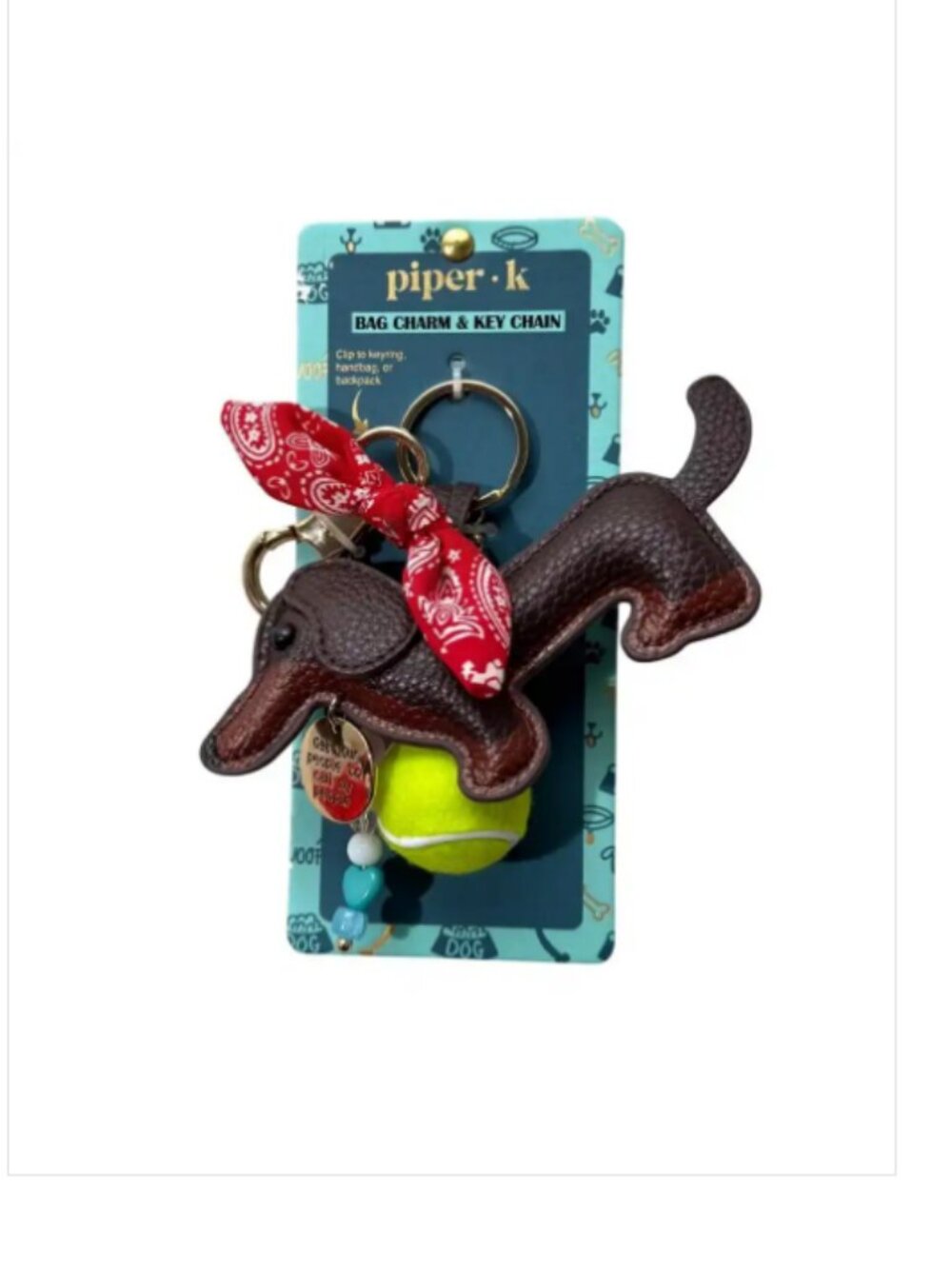 NWT Piper K Dachshund Dog Bag Charm Keychain Red Bandana Tennis Ball